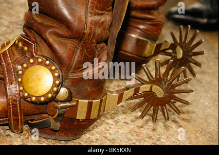 Western-style cowboy spurs on boots in Fort Worth, Texas Stock Photo