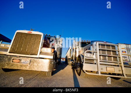 Two American Peterbilt trucks at a truck stop in the Mid West against a blue sky Stock Photo