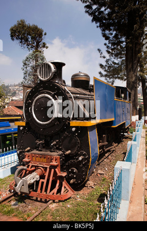 India, Tamil Nadu, Coonor Station, old Nilgiri Mountain Railway steam train on display Stock Photo