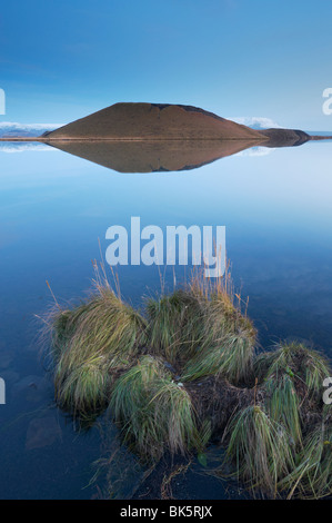 Shores of Lake Myvatn at dusk, fine pseudo-crater in the distance, near Skutustadir, Myvatn, northern area, Iceland Stock Photo