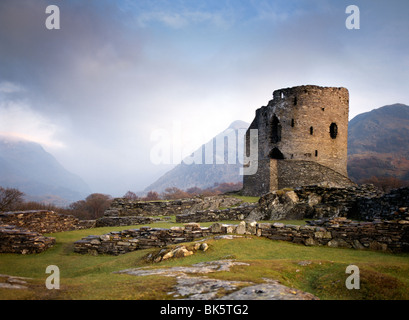 Mediaeval Dolbadarn Castle, Gwynedd, Wales, UK. Looking SE up the valley of Nant Beris to Llanberis Pass Stock Photo