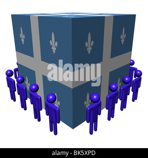 workers surrounding Quebec flag cube illustration Stock Photo