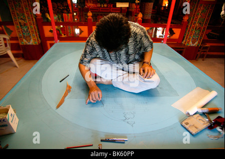 Drawing of a mandala in the Temple of the Thousand Buddhas, Dashang Kagyu Ling congregation, Saone et Loire, France Stock Photo