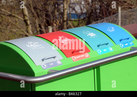 A bank of recycling bins at a recycling centre Stock Photo