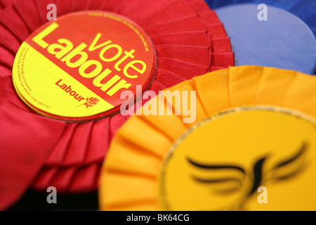 General Election UK Labour Liberal Democrats and Conservative party rosette Stock Photo