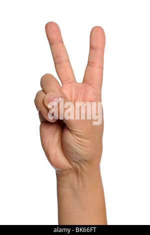 Hand with peace sign isolated over white background Stock Photo