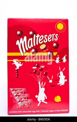 A Maltesers easter egg including 3 funsize bags of maltesers on a white background Stock Photo