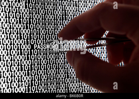 Computer screen with binary code and password text, great concept for computer, technology and online security. Stock Photo