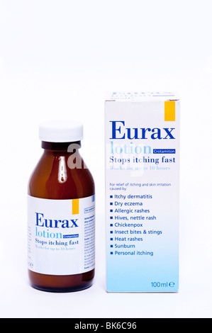 A bottle of Eurax lotion for relief of itching and skin irritation on a white background Stock Photo
