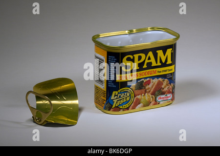 Empty Can of Tinned Meat a.k.a. SPAM on white background. Stock Photo