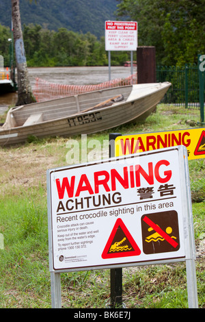 Crocodile warning signs on the side of the Daintree River in Northern Queensland, Australia. Stock Photo