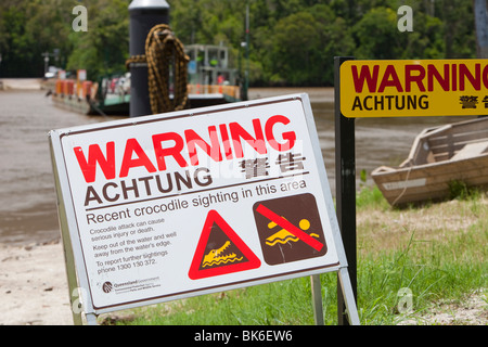 Crocodile warning signs on the sideof the Daintree River in the Daintree Rainforest, Queensland, Australia. Stock Photo