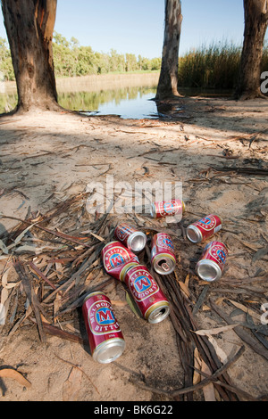 Beer cans left by campers in the Barmah Forest on the Murray River, near Echuca, Australia. Stock Photo