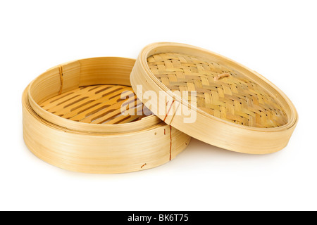 Round bamboo steamer isolated on white background with lid Stock Photo