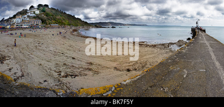 A panoramic view of the Banjo Pier and East Looe Beach in Cornwall.  Photo by Gordon Scammell Stock Photo