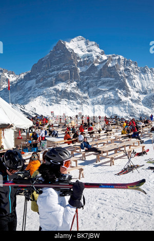 Mountain restaurant with the Wetterhorn mountain in the background, Grindelwald, Jungfrau region, Bernese Oberland, Swiss Alps Stock Photo