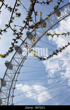 Looking up at Pods of the London Eye with a blue sky backdrop Stock Photo