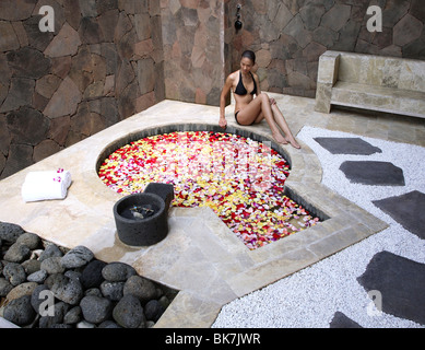 Hot spring pool with flowers at Brilliant Spa and Resort in Kunming, China, Asia Stock Photo