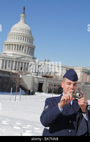 Washington DC,United States US Capitol,visitor center,tour,snow,winter,dome,government,Congress,Air Force,man men male,officer,military,Staff Sergeant Stock Photo
