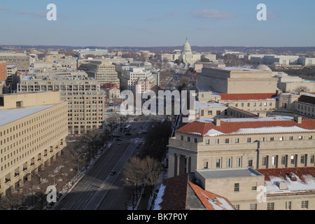 Washington DC,Pennsylvania Avenue,United States Capitol building,dome,rooftops,office buildings,city skyline,car,traffic,view from Old Post Office Pav Stock Photo