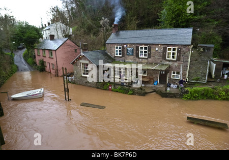 The Boat Inn at Penallt cut off by the rising flood water of the River Wye Valley Monmouthshire Wales UK Stock Photo