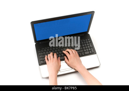 hand on computer keyboard Stock Photo