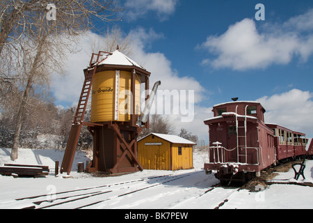 A train and water tower exhibit at the Colorado Railroad Museum Stock Photo