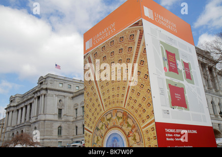 Washington DC,Capitol Hill,Library of Congress,Thomas Jefferson building,Beaux Arts architecture,outside exterior,front,entrance,sign,signs,map,inform Stock Photo