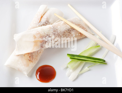 Crispy Duck rolls with Hoisin sauce and spring onions Stock Photo