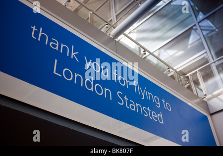 Thank you for flying into London Stansted sign at the terminal of London Stansted airport in Essex, UK Stock Photo