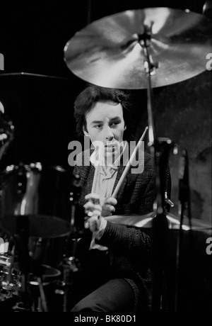 Drummer Brian Downey on stage playing in the Thin Lizzy hard rock band during the Black Rose Tour of Scandinavia in 1979 Stock Photo