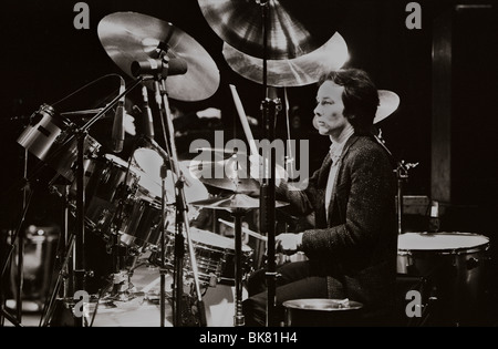 Drummer Brian Downey on stage playing in the Thin Lizzy hard rock band during the Black Rose Tour of Scandinavia in 1979 Stock Photo