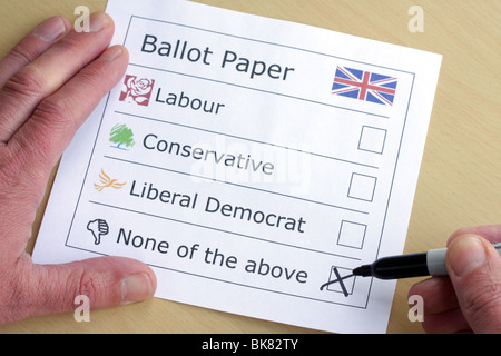 A mock ballot paper featuring the major three political parties plus none of the above. Stock Photo