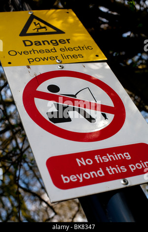 A Danger Overhead Electric Power Lines, No Fishing sign Stock