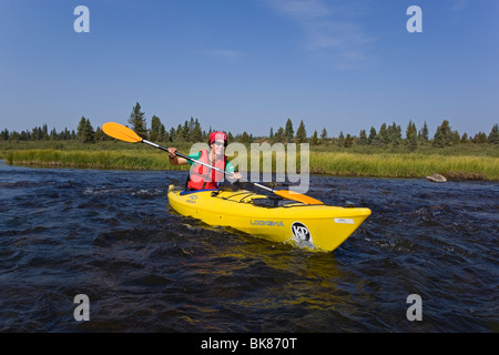 Young woman in kayak, paddling, kayaking, clear, shallow water of Caribou Creek, upper Liard River, Yukon Territory, Canada Stock Photo