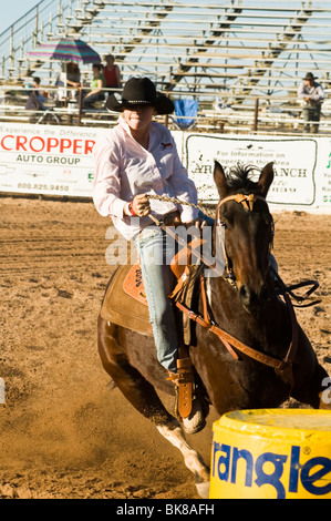 a cowgirl competes in the barrel racing event at a rodeo Stock Photo