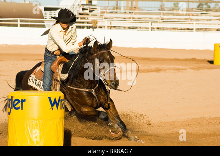 a cowgirl competes in the barrel racing event at a rodeo Stock Photo