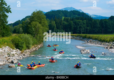 Canoes on the Iller River near Fischen in Allgaeu, Bavaria, Germany, Europe Stock Photo