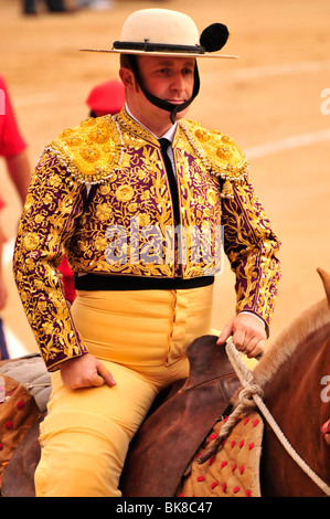Mounted bullfighter, picador, during the entrance of the bullfighters, paseíllo, in Las Ventas Bullring, Madrid, Spain, Iberian Stock Photo