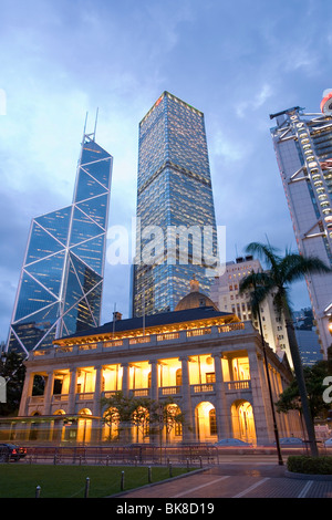 Legislative Council Building and Bank of China Tower at nightfall, Hong Kong, Hongkong, China, Asia Stock Photo