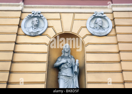 Busts of Wagner and William Shakespeare and statue on facade of National Theatre building, Casco Viejo , Panama City , Panama Stock Photo