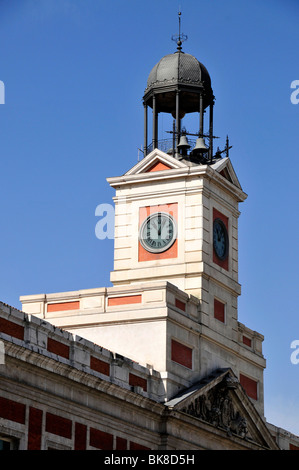 Clock tower of the main post office in Madrid, Casa de Correos, in the Puerta del Sol, Madrid, Spain, Iberian Peninsula, Europe Stock Photo