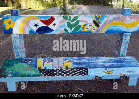 Panamanian flag painted on seat as part of school project, Cerro Ancon, Panama City, Panama Stock Photo