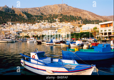 Fishing boats in the harbor of Pothia, Island of Kalymnos, Dodecanese Islands, Greece, Europe Stock Photo
