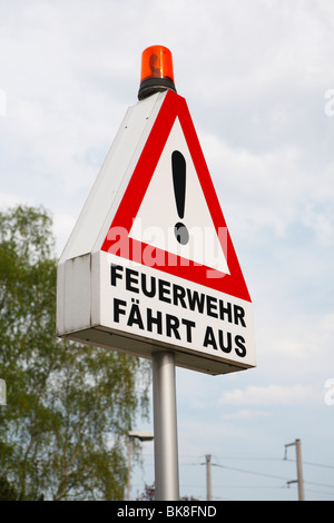 Firefighters' exit, warning sign, Hesse, Germany, Europe Stock Photo