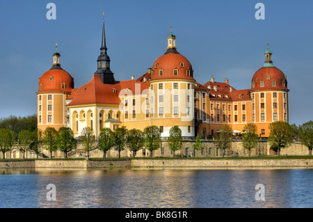 Baroque Moritzburg Castle, with Bachturm tower, castle chapel, Jaegerturm tower, Amtsturm tower, Dresden, Free State of Saxony, Stock Photo