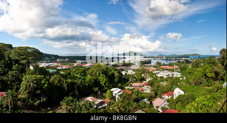 View from Bel Air towards the capital city of Victoria, at back the islands St. Anne, Ile au Cerf, Ile Moyenne, Ile Ronde und I Stock Photo