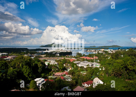 View from Bel Air towards the capital city of Victoria, at back the islands St. Anne, Ile au Cerf, Ile Moyenne, Ile Ronde und I Stock Photo