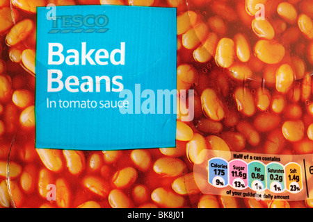 Nutrition information on a six pack can of Tesco Baked beans Stock Photo