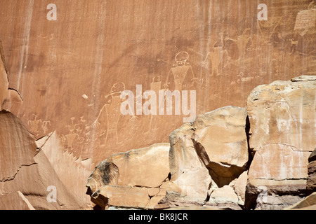 These Petroglyphs near the Fruita schoolhouse in Capitol Reef National Park, Utah, were carved by the Fremont people. Stock Photo